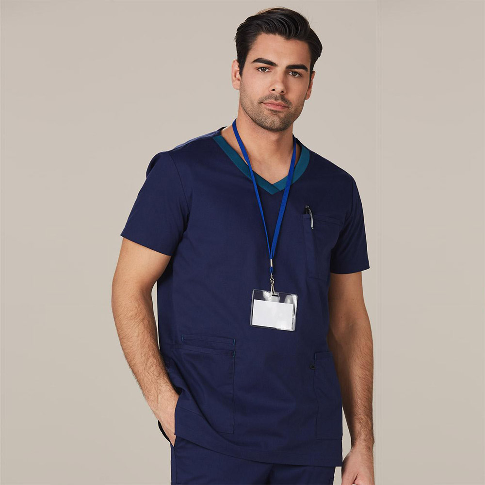 Mens V-Neck Contrast Trim Scrub Top