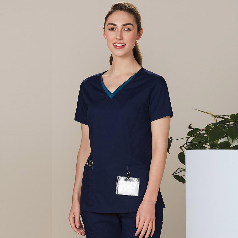 Ladies V-Neck Contrast Trim Scrub Top