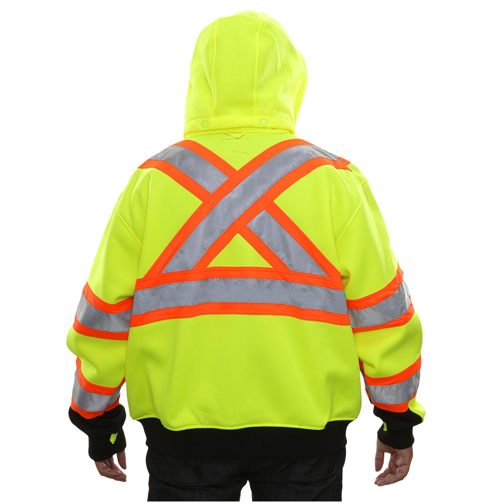 Hi-Viz Full Zip 2-Tone Contrasting X-Back Safety Sweatshirt with Removeable Hood