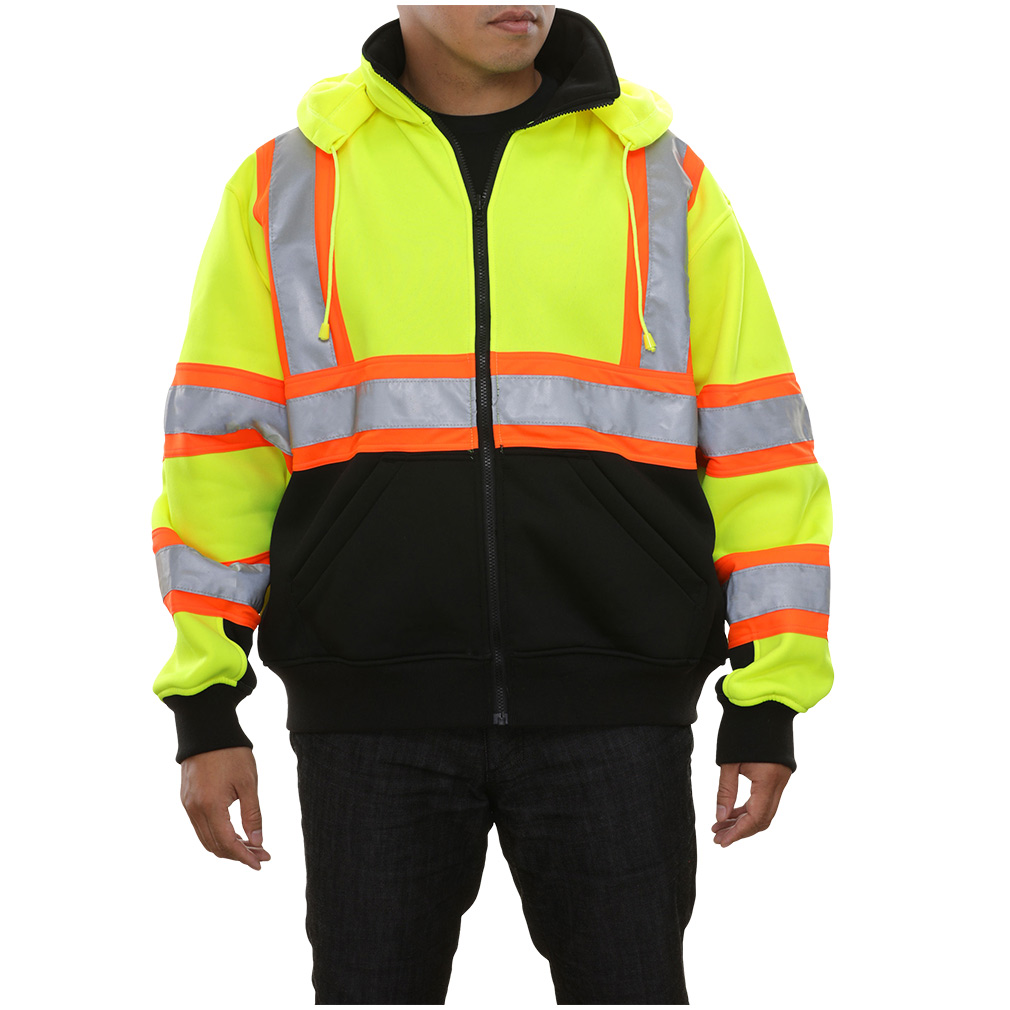 Hi-Viz Full Zip 2-Tone Contrasting X-Back Safety Sweatshirt with Removeable Hood