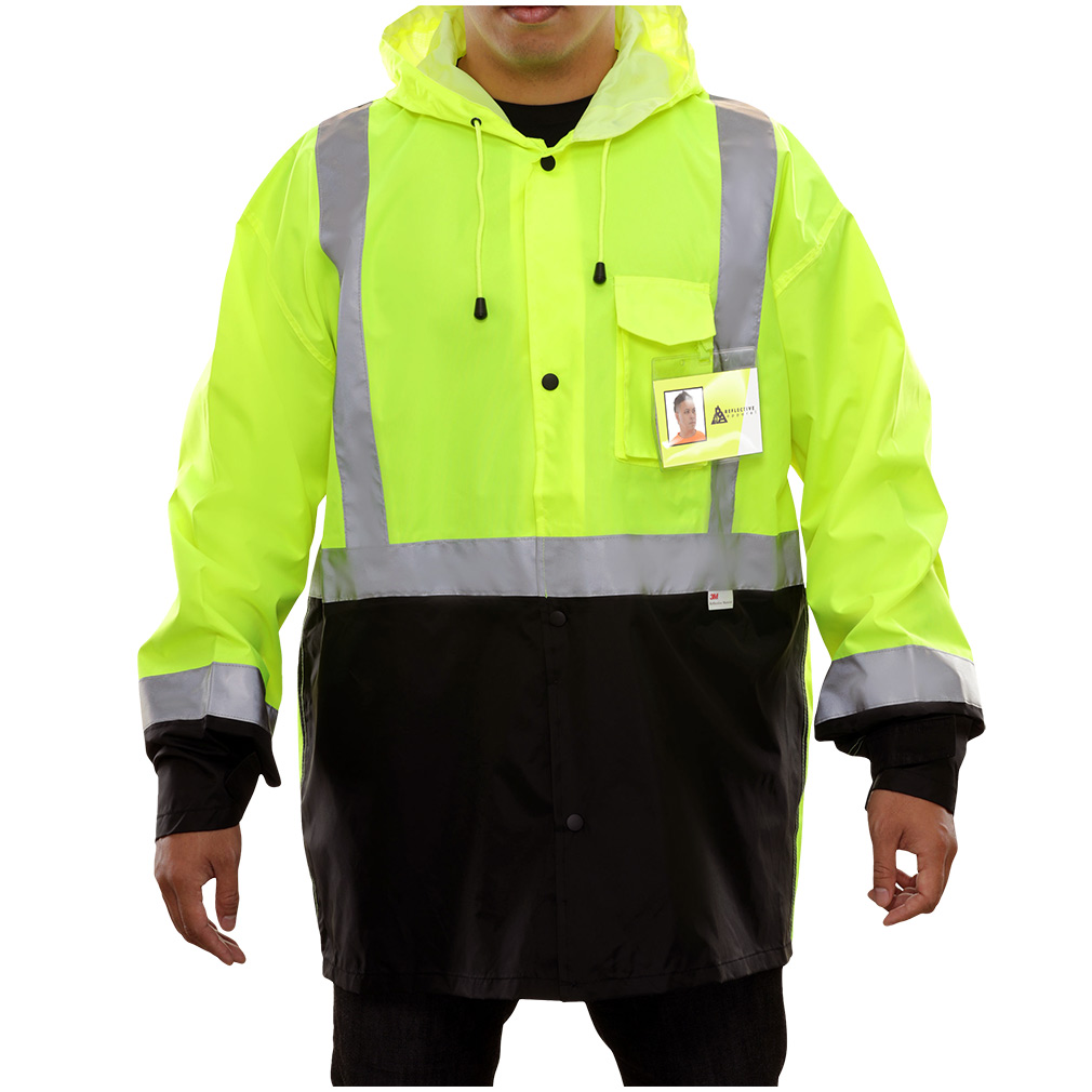  Hi-Vis 2-Tone Safety Rain Jacket with Adjustable Hood