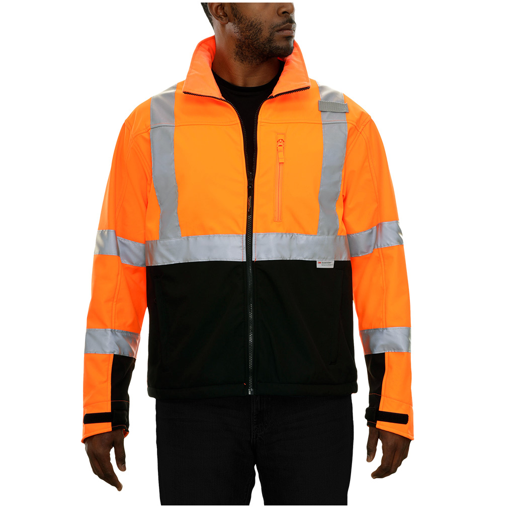 Hi-Vis Orange X-Back Safety Jacket with Water Resistant Soft Shell Athletic Jacket Featuring a Stret