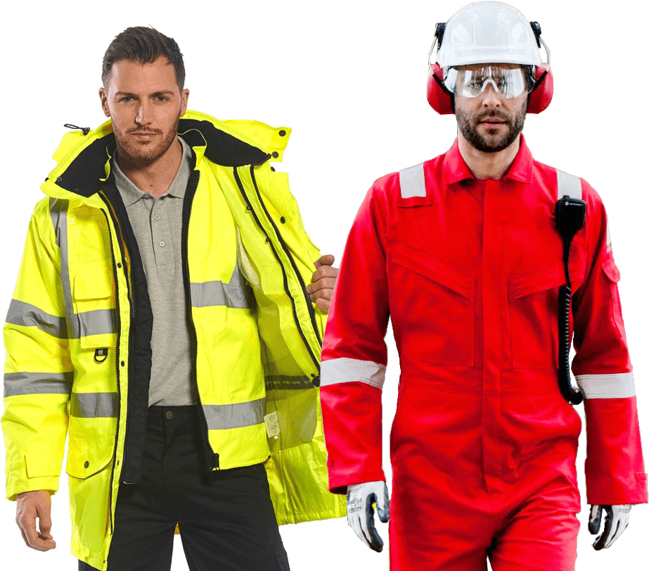 man in fluorescent yellow safety clothing suit and man in red safety overalls
