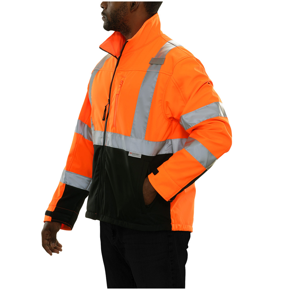 Hi-Vis Orange X-Back Safety Jacket with Water Resistant Soft Shell Athletic Jacket Featuring a Stretchable 3 Layer Fabric Construction