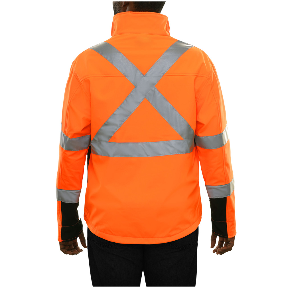Hi-Vis Orange X-Back Safety Jacket with Water Resistant Soft Shell Athletic Jacket Featuring a Stretchable 3 Layer Fabric Construction